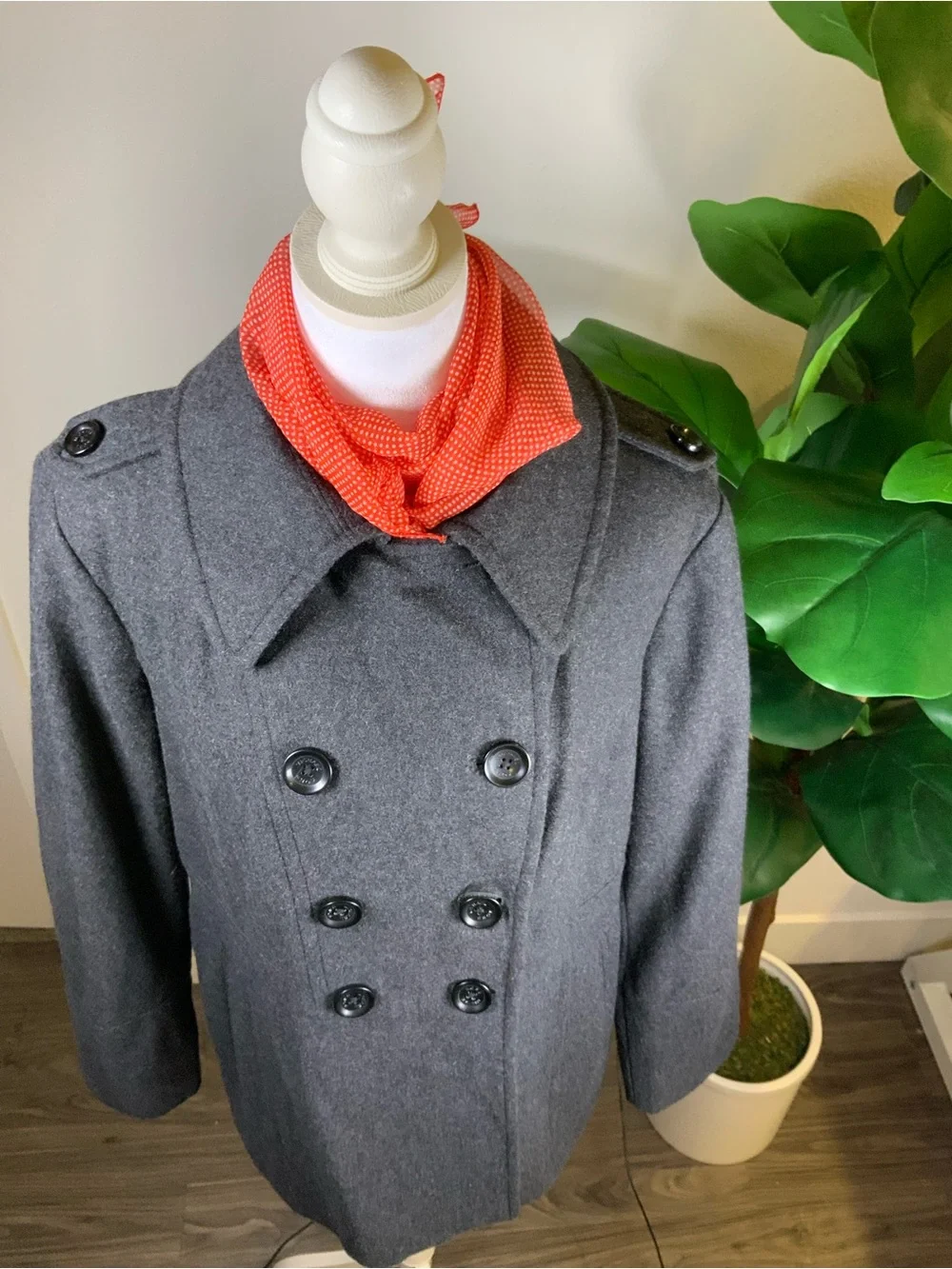 Michael Kors Charcoal Double-Breasted Peacoat with Red Scarf